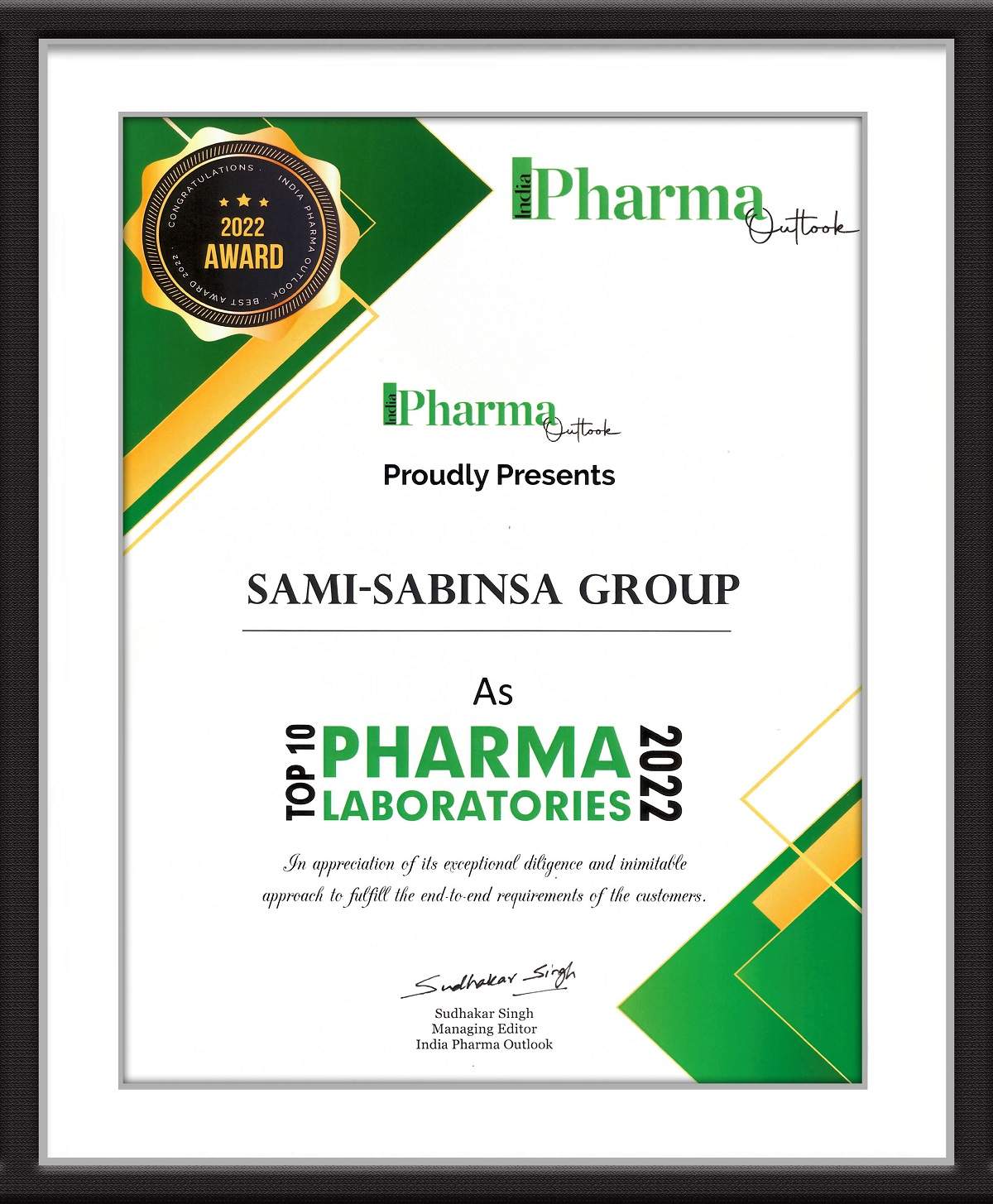 Sami-Sabinsa Group has been ranked as one of the Top 10 Pharma Laboratories in the year 2022 by India Pharma Outlook